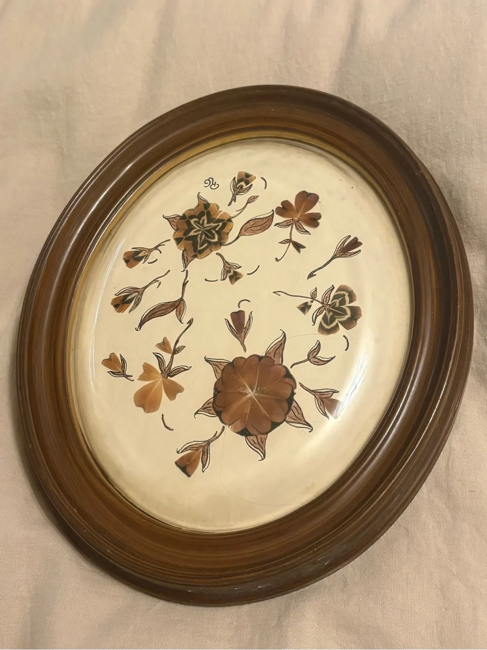 Wood-Tone Bubble Framed Convex Floral Wall hanging - Brown and Cream- Vintage